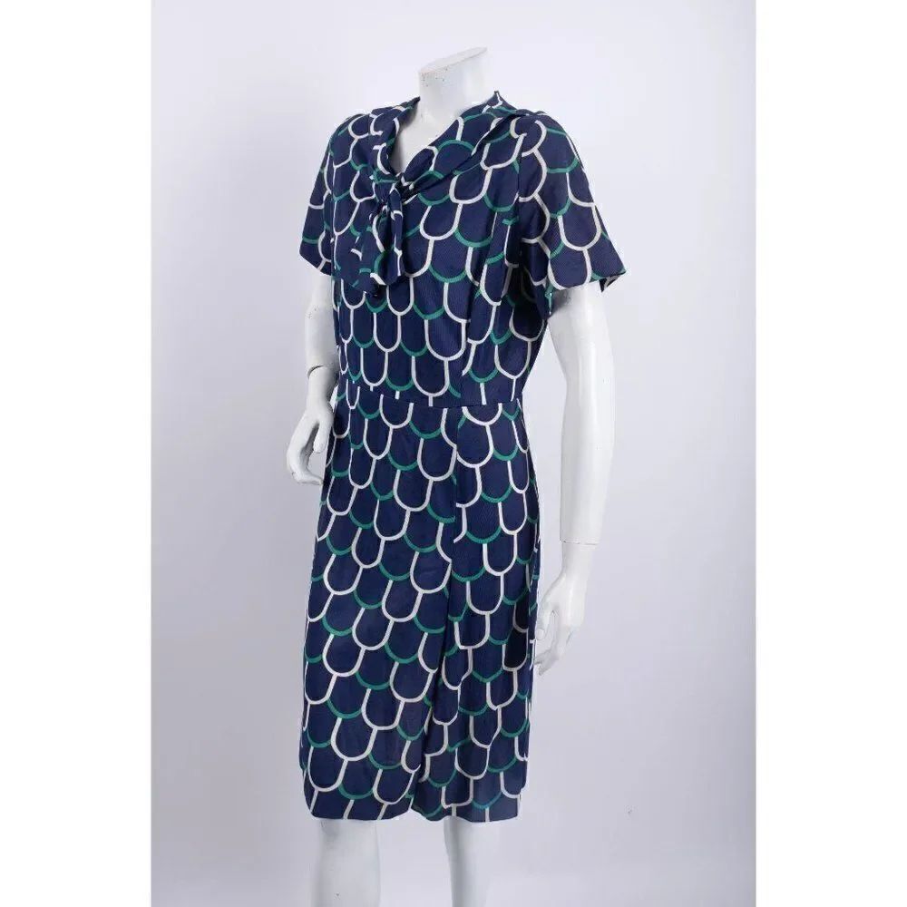 Vintage Shift Geometric Dress Women's M/L Tie Neck - Picture 4 of 8